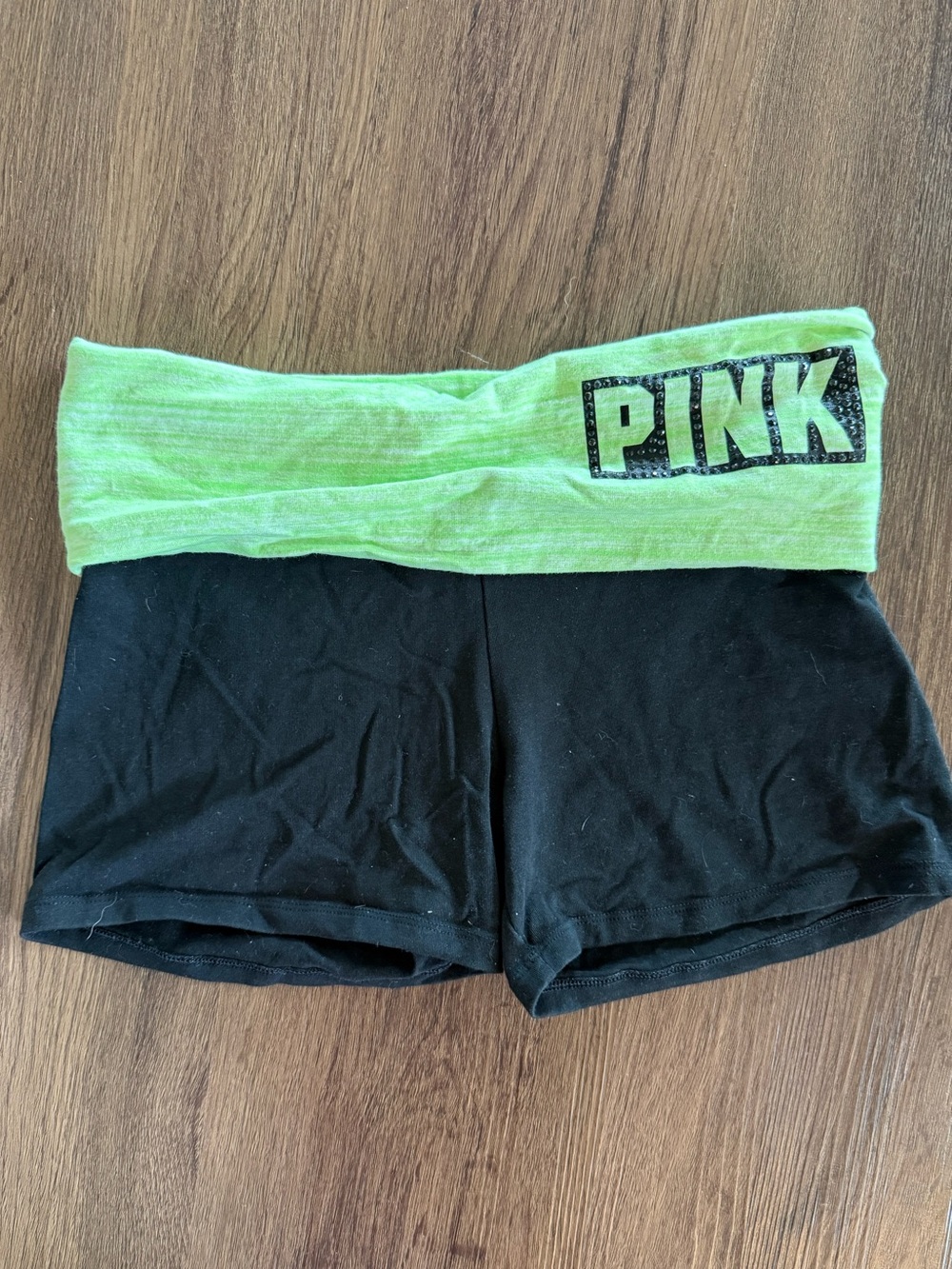 PINK Victoria's Secret Black Bike Shorts with Lime Green Foldover Waistband